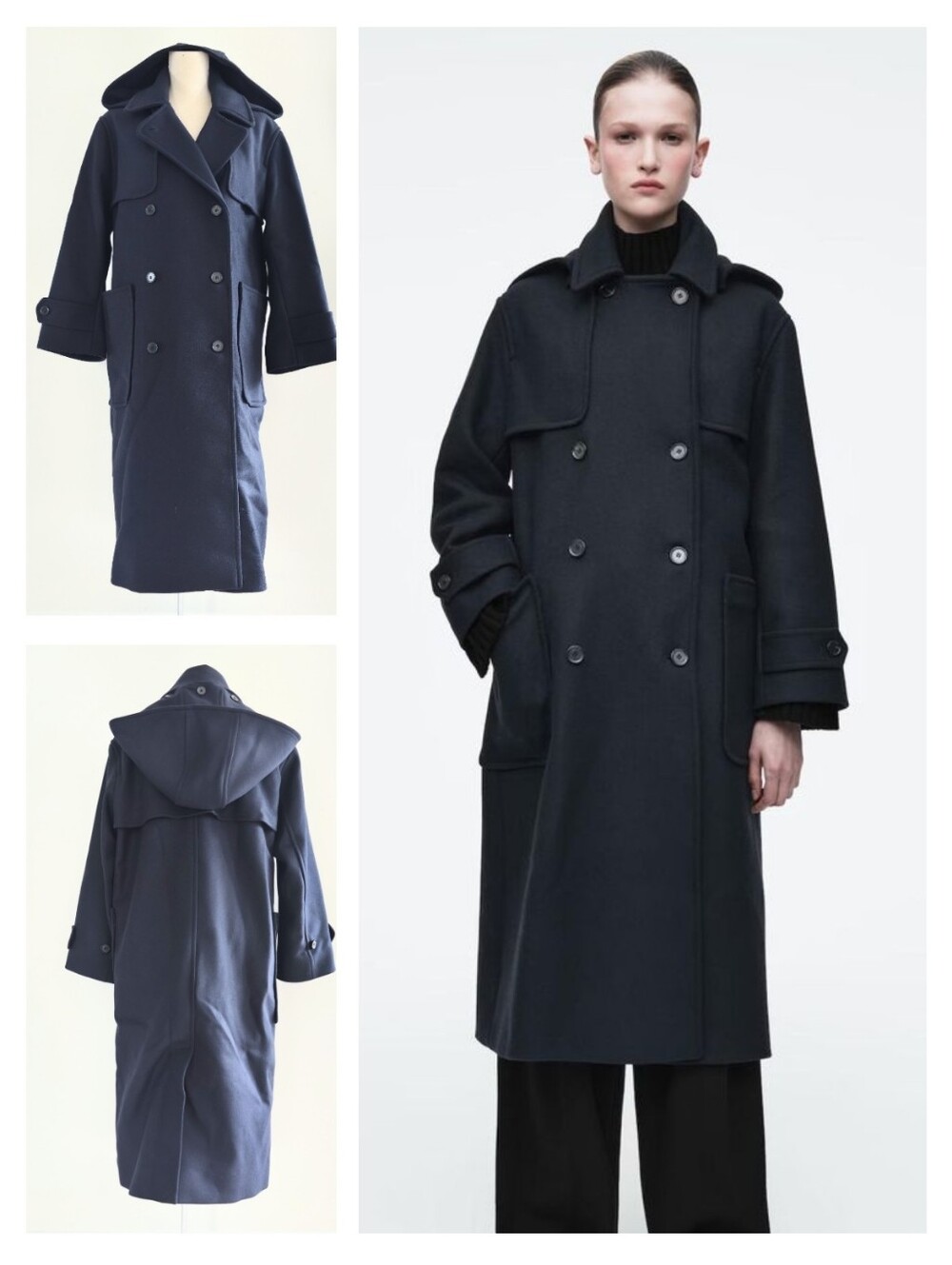 NWT COS Hooded Wool Navy Double-Breasted Wool Long Oversized Coat Winter